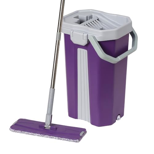 Image of BonKaso Telescopic Flat Mop & Bucket Set with Hands-Free Squeeze System, Microfiber Floor Cleaning Mop for Wet & Dry Cleaning | Includes 2 Reusable Pads for Home, Kitchen, Bathroom & Office | Purple