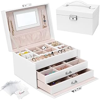 Jewellery Box Organiser, 3 Layers PU Leather Jewelry Storage Case with Mirror and Lock, Lockable Jewellery Organiser with 2 Drawers for Rings, Bracelets, Earrings, White