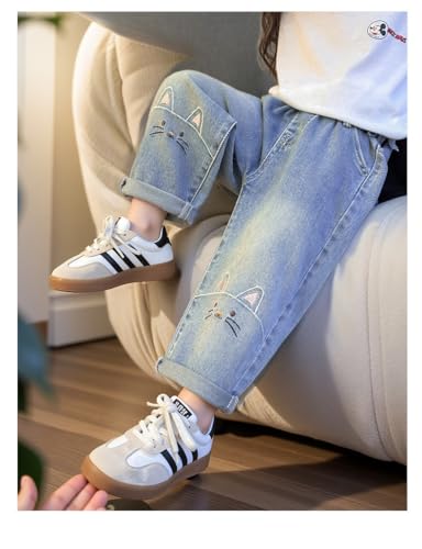 Girls Jeans Stretch Elastic Waistband Pockets Cute Printed Straight Pants Casual Fashion Outdoor Breathable Children's4