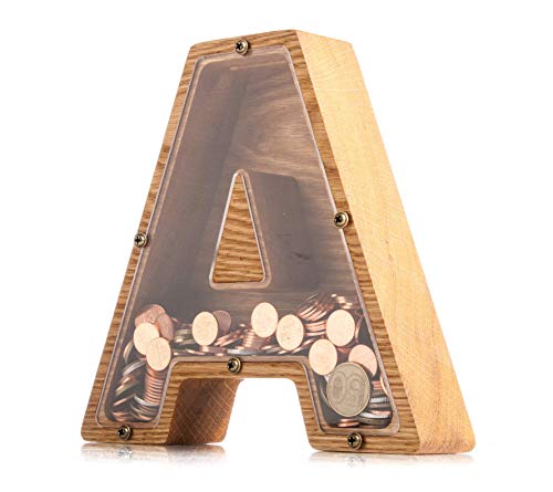 Personalized Wooden Piggy Bank LETTER for Boys Girls Adults - Durable Oak Wood Coin Banks 3 SIZES to Choose From - Kids Nursery Decor Engraved Money Box - Christmas Baby Shower Gift (Letter A)