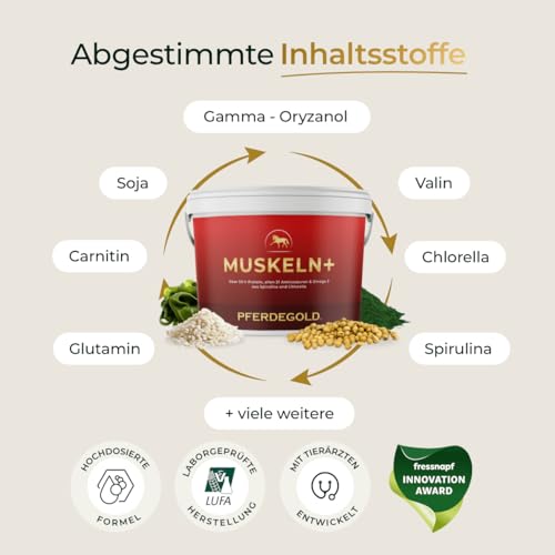 Pferdegold Muskeln+ – Proteinreiche Pferde‑Pellets (52 % Rohprotein) mit 21 Aminosäuren, Spirulina & Chlorella – ADMR‑konform, dopingfrei (750 g)