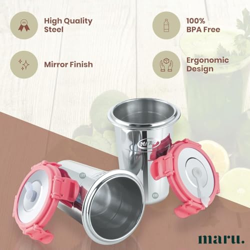 Image of MARU Stainless Steel Tumbler 400ml with Lid, Reusable Straw & Cleaning Brush - Durable, Leakproof & Portable Sippy Cup Ideal for Travel, Office & Home (Pink)