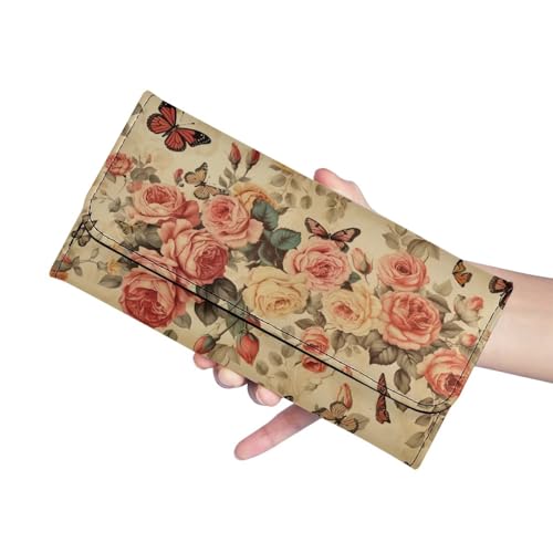 Retro Roses Floral Wallet for Women Snap Closure Butterfly Pink Roses Long Trifold Handbag, Vintage Countryside Style PU Leather Clutch Wallets with Card holders3