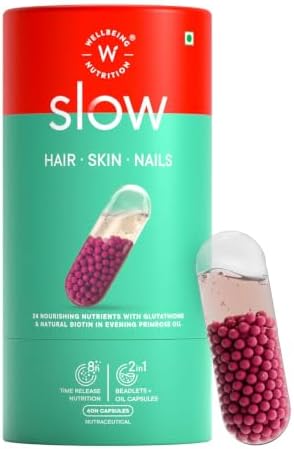 WELLBEING NUTRITION Slow Skin Hair And Nails Capsule For Men & Women | Skin Hair Nails Vitamins | Glutathione, Hyaluronic Acid, Biotin | For Glowing Skin, Hair Growth And Strong Nails (60 Capsules)