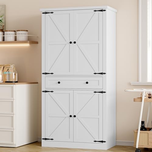 Image of BORNOON Pantry Organizers and Storage Cabinet, 67.7 inch Barn Door White Kitchen Cabinet with Drawers and Adjustable Shelf, Tall Pantry for Kitchen, Dining Room, Living Room