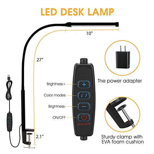 Clamp LED Desk Lamp with Eye-Caring Clip, 3 Modes & 10 Brightness Levels, Flexible Gooseneck, Metal Swing Arm, USB Adapter, Black