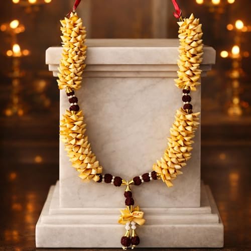 RDK Sandalwood Wooden Photo Frame Haar Mala | Chandan Scented Wooden Garland for God, Pooja Room, Premium décor Ancestor & Pitra Photos (Rudraksha with Wooden Chips, 20 inch (50 cm))