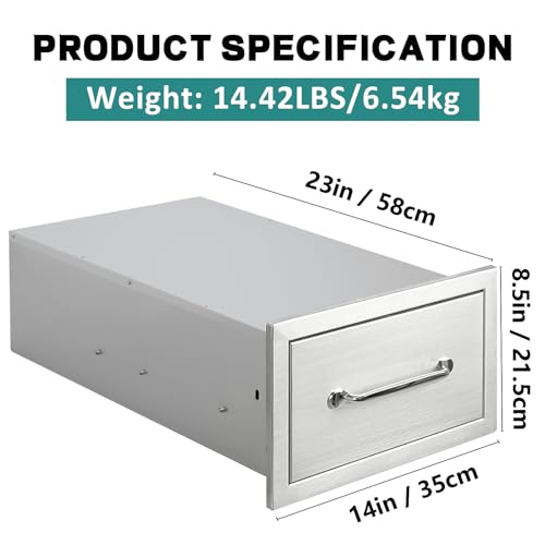 Image of Outdoor Kitchen Drawers 14 inch W x 8.5 inch H x 23 inch D Stainless Steel Drawer BBQ Single Drawers with Chrome Handle for Outdoor Kitchen Island, Patio Grill Station