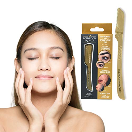HOLLYWOOD BROWZER Eyebrow Razor for Women - Removing Unwanted Hair, Eyebrow Shaping & Dermaplaning/Exfoliation With Protective Pouch - Made of German Stainless Steel - Royal Gold