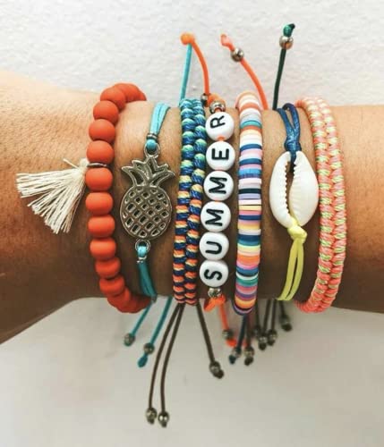 Image of pulsera brazalete veraniego surfista de cuentas y trenzas multipack, coorido, juvenil,mujer, naraja y azul