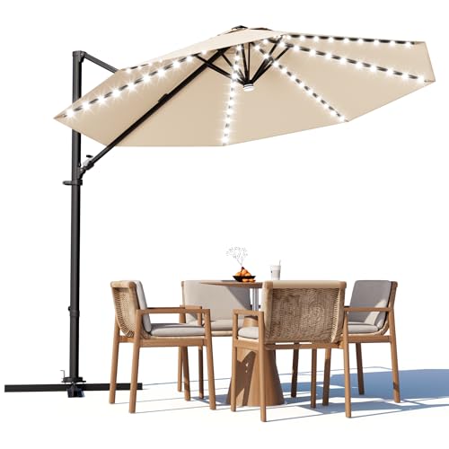 Image of Greesum 10FT Outdoor Patio Umbrella with High Pedel and 4 Gear Heights, Large Offset Umbrella with Solar LED Lights and 360-degree Rotation, Without Base, Hanging Outdoor Shade for Garden, Beige