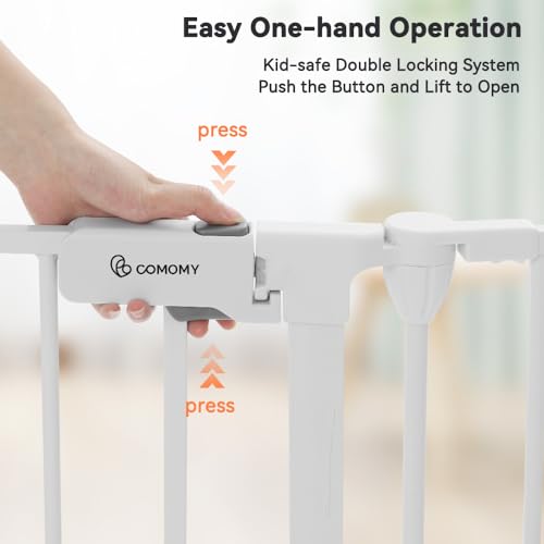 Image of COMOMY 127.8 inch Extra Wide Baby Gate, Dog Gate for House Stairs Doorways Fireplace, Auto Close Pet Gate with Door Walk Through, 5 Metal Panels, Hardware Mounted Baby Fence Indoor Outdoor(30 inch Tall,White)