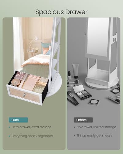 Image of SONGMICS 360 Swivel Jewelry Cabinet, Full-Length Arched Mirror with LED Lights, Magnifying Mirror, Storage Shelves, Drawer, Cloud White UJJC030WB01