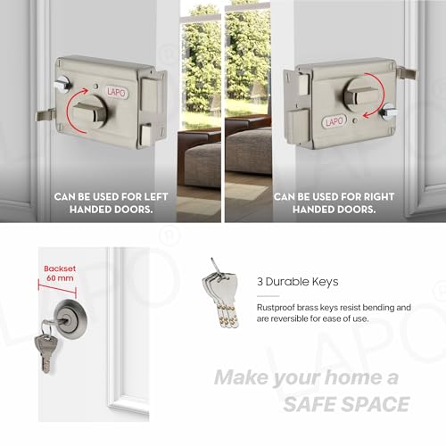 Image of LAPO Rim Lock, Compatible with Main & Safety Door, Dual Latch Max Pro, Dead Bolt Lock for Single, Sliding Doors,Heavy Duty Security Lock, 3 Keys,Matt Finish, 3 Years Warranty