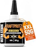 3D Druck Sekundenkleber Gel extra stark – 50 g XXL Superkleber wasserfest, hitzebeständig & transparent – Anti-Austrocknungs-Spitze – KRAFTPROTZ PLA-, ABS-, PETG-, TPU-Kleber & Zubehör