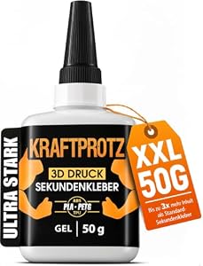 3D Druck Sekundenkleber Gel extra stark – 50 g XXL Superkleber wasserfest, hitzebeständig & transparent – Anti-Austrocknungs-Spitze – KRAFTPROTZ PLA-, ABS-, PETG-, TPU-Kleber & Zubehör