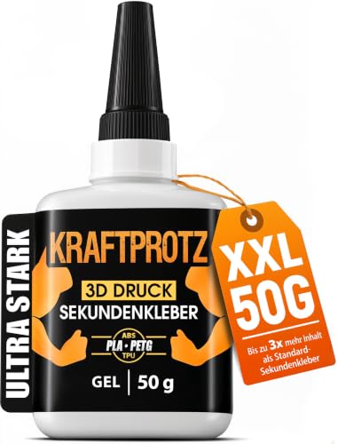 3D Druck Sekundenkleber Gel extra stark 50 g XXL Superkleber wasserfest hitzebeständig & transparent Anti-Austrocknungs-Spitze KRAFTPROTZ PLA- ABS- PETG- TPU-Kleber & Zubehör