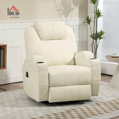 HOMCOM Relaxsessel mit Massagefunktion, Elektrisch Fernsehsessel mit Liegefunktion, Wippfunktion, Drehbar Massagesessel mit Federsystem, Fernbedienung, Becherhalter und Seitentasche, Cremeweiß – Bild 3