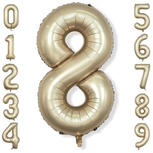 Image of Metallic Gold Number 8 Balloons, 40 Inch Giant Light Champagne Gold Mylar Foil Number 8 Ballon for Boy Girl, Self Inflating 8th Birthday Helium Balloon for Women Anniversary Party Decorations Supplies