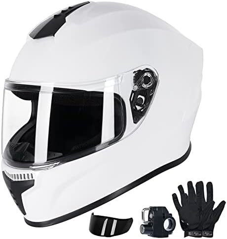 Full Face Motorcycle Street Bike Helmet with Motorcycle Gloves for Men and Women + 2 Visors DOT Model and Helmet Lock for BMX ATV MTB Riding, Road Racing, Cycling(MH-White, Large)