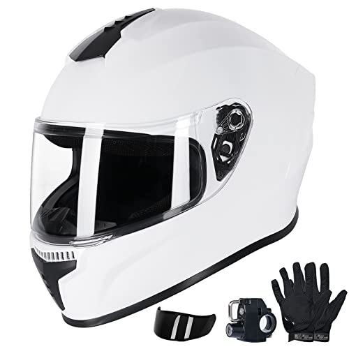 Full Face Motorcycle Street Bike Helmet With Motorcycle Gloves For Men And Women + 2 Visors Dot Model And Helmet Lock For Bmx Atv Mtb Riding, Road Racing, Cycling(Mh-White, Large) #TOP4