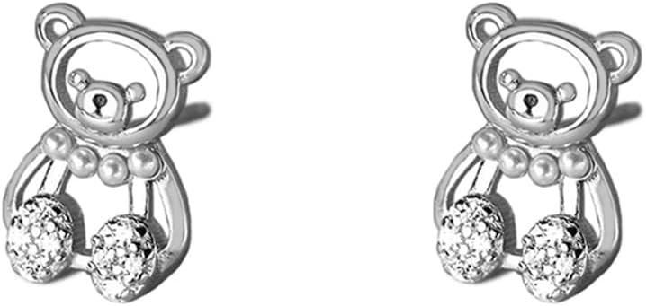 Cute Bear Small Stud Earrings for Women 925 Sterling Silver Mini Crystal Shell Pearls Animal Cartoon Cartilage Studs Tragus Hypoallergenic Piercing Ear Dainty Birthday Holiday Christmas Jewelry Gifts for Daughter