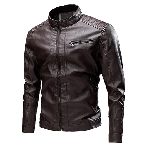 JEsilunmaMY Men's Stand Collar Moto Biker Coats Full Zip Winter Motorcycle Leather Coat Lightweight Windproof Bomber Jacket