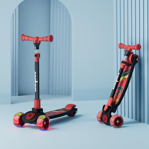 Image of Baybee Kitty Kick Scooter for Kids | Foldable 3 Wheel Kid Scooter with 4 Height Adjustable Handle & Brake | Skate Scooters with LED PU Wheels | Runner Scooters for Kids 3 to 10 Years Boys Girls (Red)
