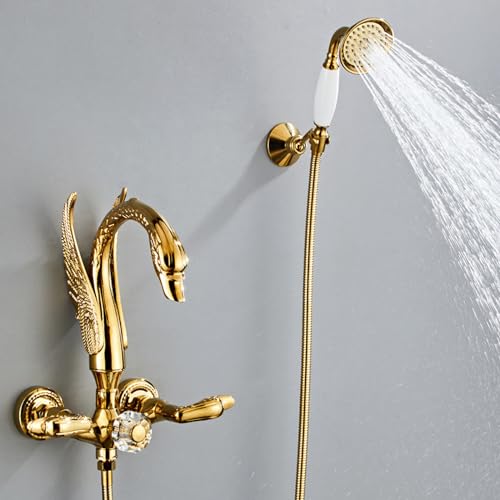 Grifería para bañera, juego de grifo con 2 funciones con ducha manual, cuerpo de latón, montaje de pared, grifo de bañera con agua fría y caliente, diseño de cisne miniatura 2