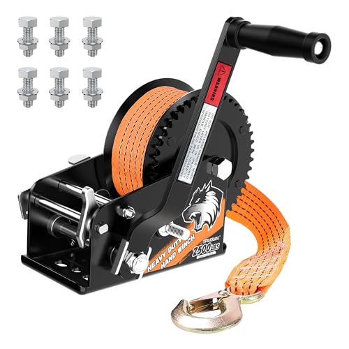 TRUQUAL Boat Winches for Trailers, Heavy Duty Boat Trailer Winch with 33FT Strap, 2- Way Ratchet and Ratio 4:1/8:1 Gear Two Speed Switchable 2500lbs Hand Crank Winch,Towing Truck, ATV, RV and Jet Ski