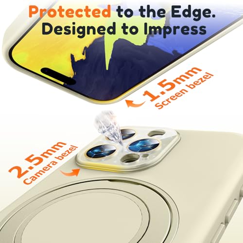 Image of Silicone 360 Spin Magnetic Stand Case for iPhone 16 Pro Max, [Compatible with Mag-Safe][Reinforced Hard Camera Protection] Liquid Silicone Rubber Phone Cover with Ring, Camera Button, Ivory