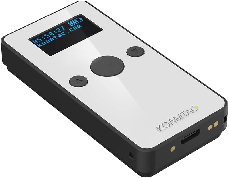 בזווית view of the KOAMTAC KDC280D-BLE barcode scanner, highlighting the screen, control buttons, and the KOAMTAC logo.