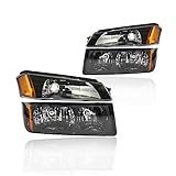 Replacement Headlight Assembly GCVAL02-G4 with Signal Lights, Black Housing Amber Refletor for Chevrolet Chevy Avalanche 2002-2006(Body Cladding)