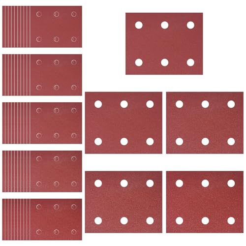 Lot de 50 feuilles de papier abrasif auto-agrippant 102 mm x 114 mm, grain 40/60/80/100/120, 6 trous, compatible avec Makita BO4555 BO4554 BO4561