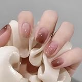 YINKE ネイル チップ 24枚入 ネイルチップ ショート ネイル用品 春夏 ラウンドチップ 人気 和風 シンプル おしゃれ ショート雰囲気色 花嫁 光沢 つけ爪 成人式 入学式 卒業式 結婚式 両面テープ ウッドスティック ネイルファイル付き (浅モカ色)