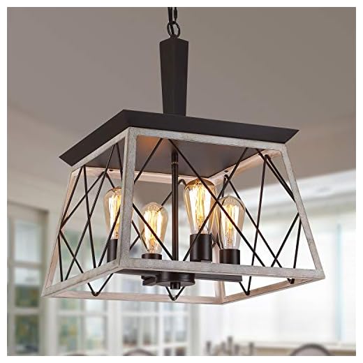 Q&S Farmhouse Vintage Chandelier, Rustic Pendant Light,Industrial Hanging Light Fixture for Dining Room Kitchen Island,Wrought Iron,ORB+Oak White 4 Lights E26 UL Listed