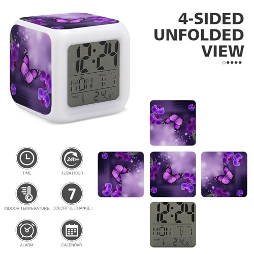 Réveil numérique papillon violet avec LED 7 couleurs et température