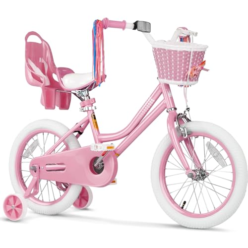 Image of Glaf Toddler Girls Bike for Age 2-12 Years Old | 12 14 16 20 Inch Kids Bike Girls Bicycle with Training Wheels,Basket,Doll Seat,Princess Style Kids Bicycle Gift