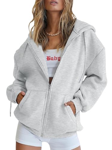 Trendy Queen Womens Zip Up Hoodies Oversized Sweatshirts Fall School Fashion Outfits Casual Jackets 2025 Winter Clothes Grey M