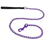 Platinum Pets 4mm Coated Chain Dog Leash with Leather Handle, Electric Purple