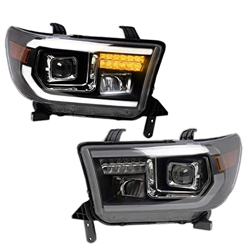 Image of TRQ 2 Piece Headlight Assembly Set Performance Projection Style LED Turn Signals LED Daytime Running Light Black Bezel Driver & Passenger Side Compatible with Toyota Sequoia 2008-2017 Tundra 2007-2013