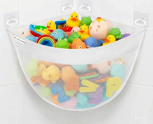 Bath Toy Storage Organizer for Bathtub Large Mesh Bath Toy Holder & Bath Toy Net Corner Bathtub Toy Storage Bag with 6 Strong Adhesive Hooks Quick-Dry Bathroom Toy Holder for Tub & Kids Shower