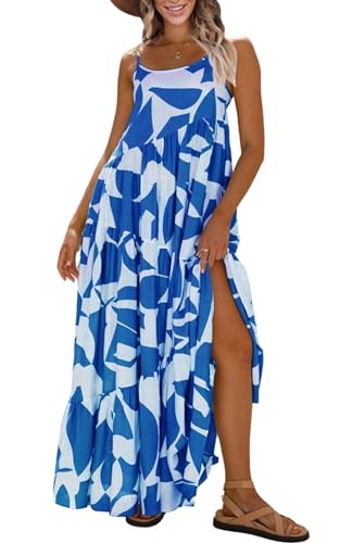 Image of ECOWISH Women Sleeveless Maxi Dress: Summer Spaghetti Strap Casual Loose Boho Beach Dress Asymmetric Tiered Flowy Long Dress