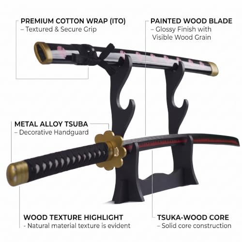 Image of OFFO One Piece Zoro Shusui Wooden Katana Replica 100cm Life Size Anime Collectible Prop for Cosplay, Display & Training | Lightweight Decorative Model Gift for Fans, Teens & Collectors