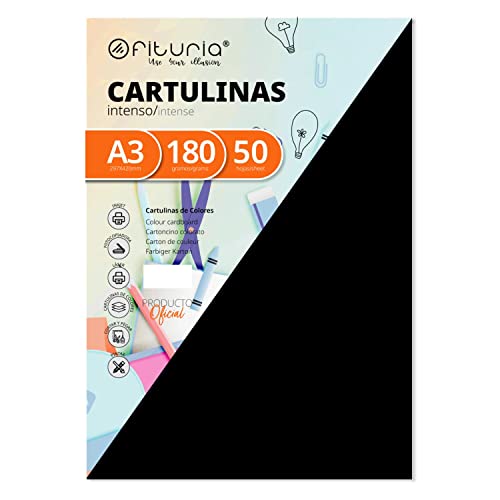 OFITURIA Pack 50 Cartulinas Color Negro Tamaño A3 180g