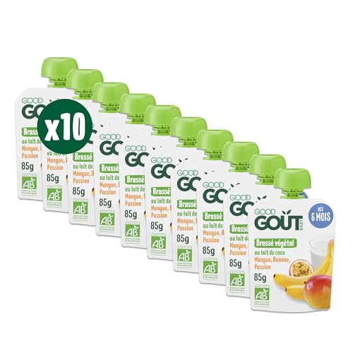 GOOD GOÛT - Brassé Végétal Au Lait De Coco - Dessert Bébé - Dès 6 Mois - Mangue, Banane, Passion - Sans Lactose Ni Protéines De Lait De Vache - Sans Sucres Ajoutés - Format Nomade - 10x85g