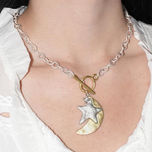 Women's Chunky Gold Layered Pendant Necklace - Antique Toggle Closure & Thick Chain Links, Moon & Star Trendy Statement Jewelry Gift4