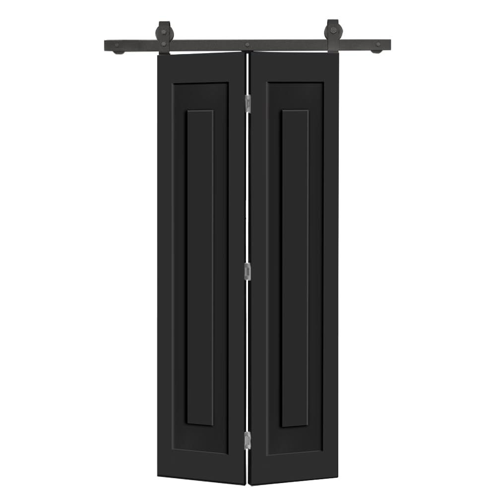 32 in. x 84 in. 1 Panel Shaker Hollow Core Black Composite Bi-Fold Door with Sliding Barn Door Hardware Kit