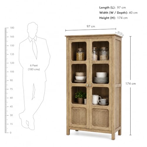 Image of The Attic Crestwood 2 Door Kitchen Cabinet, Multipurpose Cabinet for Bedroom Living Room Study bar, Solid Wood Bookshelf Kitchen Cabinet, Light Teak Matte Finish Glass