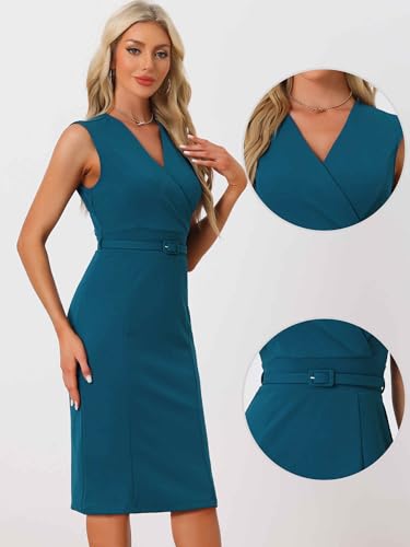 Image of Allegra K Business Dress for Women's Pencil Sheath Work Dress | V Neck Knee-Length Sleeveless Dress With Belted